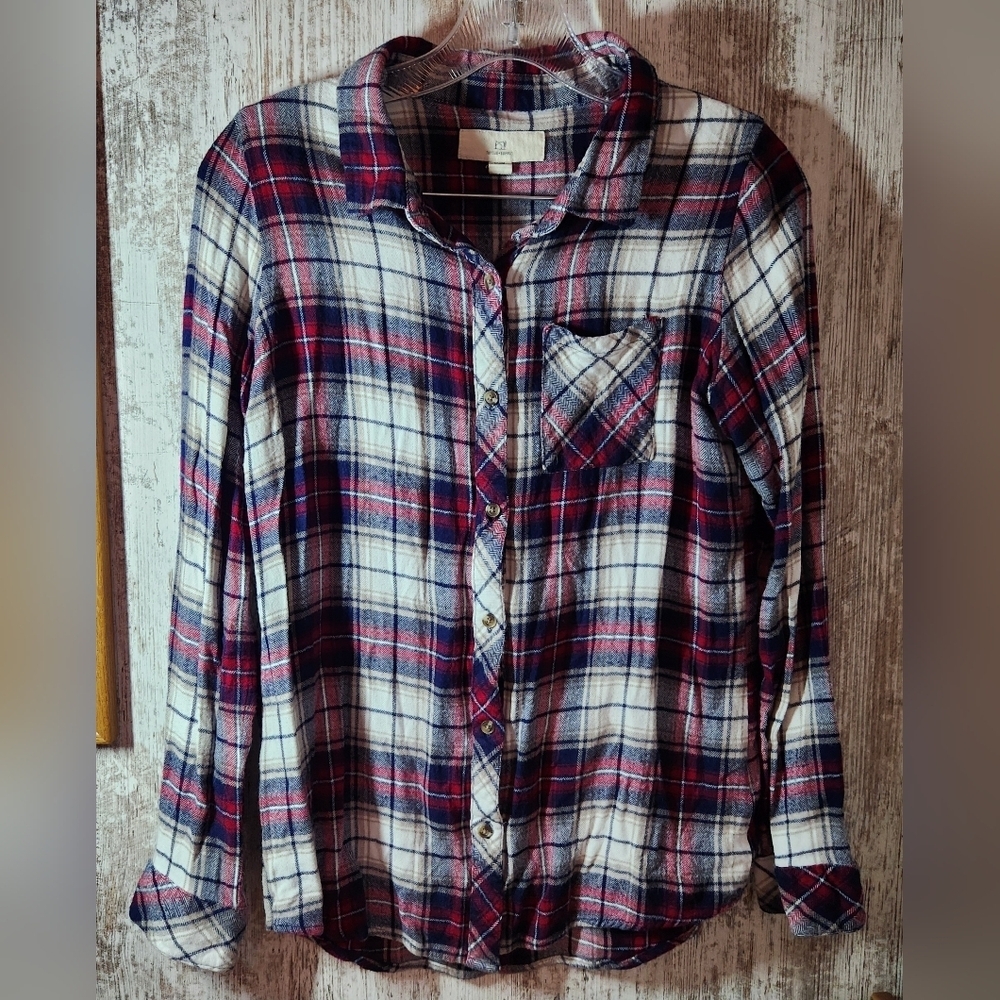 Thread & Supply Red White Blue Flannel Plaid Button-Down Shirt Top Size Medium